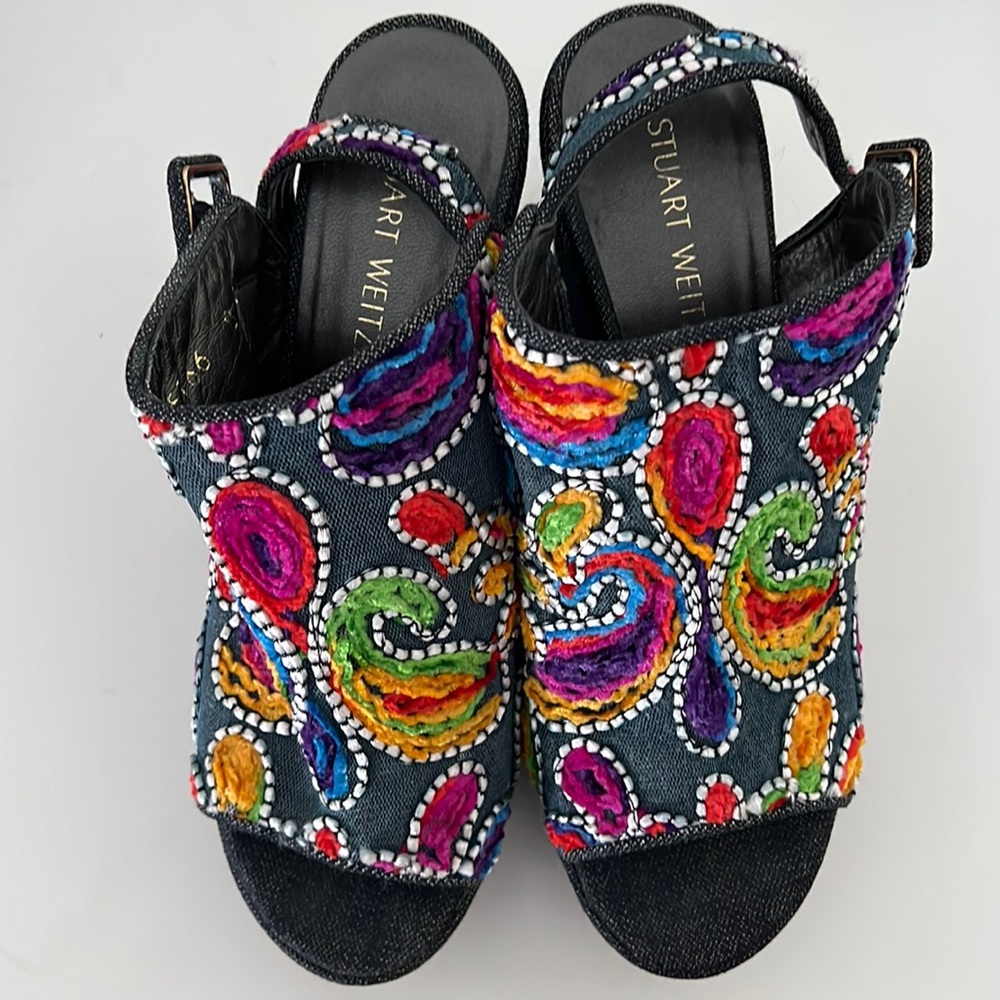 Stuart Weitzman Comma Denim Wedge Multi Color Carnival Size 8